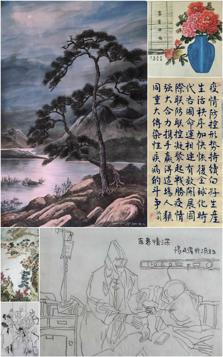 高海涛     天使颂     速写；张廷绪     医患情深     速写；齐子龙    南山不老松    国画；周鸿劍     书法；赵佳茹    富贵平安     国画；王秉恂     书法