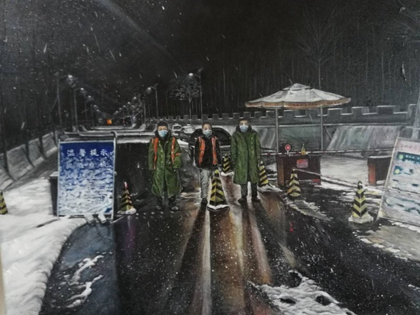 赵梅 丙烯画《雪夜守护人》