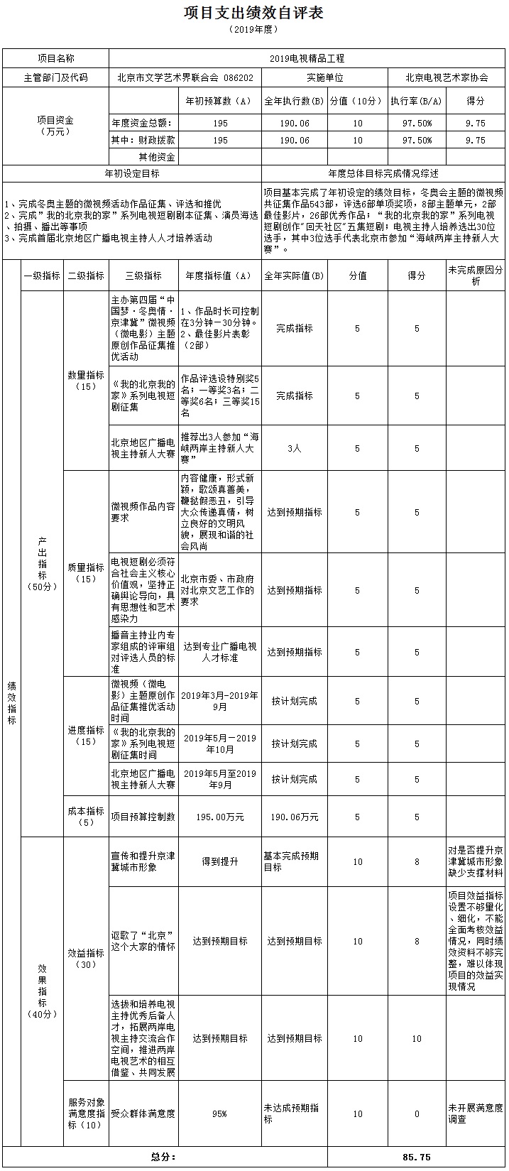 2019电视精品工程项目支出绩效自评表